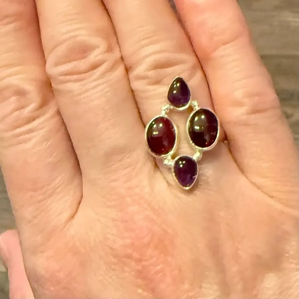 Unique Natural Amethyst Garnet Gemstone Ring Sterling Silver Size 7 New